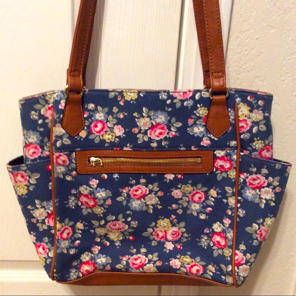 Vintage 90’s Canvas pink roses Spring floral shoulder navy blue bag tan strap